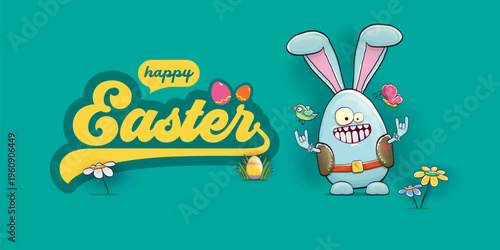 Happy Easter horizontal banner. Funny cartoon rock and roll bunny egg character with metal horns hand sign on turquoise background. Creative spring Easter holiday vector illustration