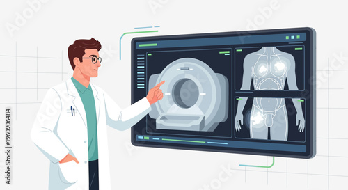 Doctor Explains Medical Scan Results on Screen: CT, MRI, X-Ray, Ultrasound