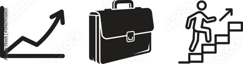 Business, growth, success icons, briefcase, career advancement, finance symbols