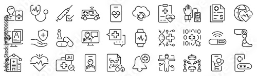 Modern healthcare and medical AI icon set including digital health, telemedicine, diagnostics, hospital services, patient care and health technology. Clean outline vector icons perfect for UI, and hea
