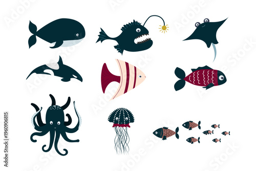 Set of Various Sea Creatures and Colorful Fish Illustrations