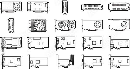 An Array of Graphic Cards Displayed from Multiple Angles, a technical drawing with detailed outlines.
