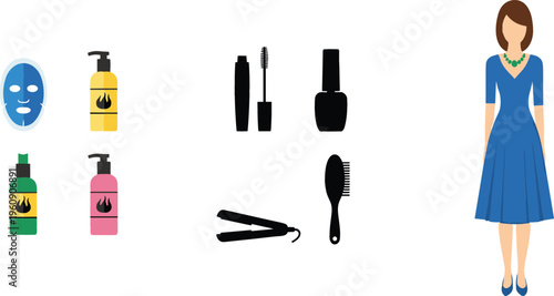 Beauty and Personal Care Products with Hair Tools, Skincare, and Makeup for Fashion and Beauty Illustrations