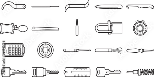 A collection of diverse locksmith tools, essential for security and safety.  The various tools arranged in a neatly organized, top-down view, showcasing their unique forms.