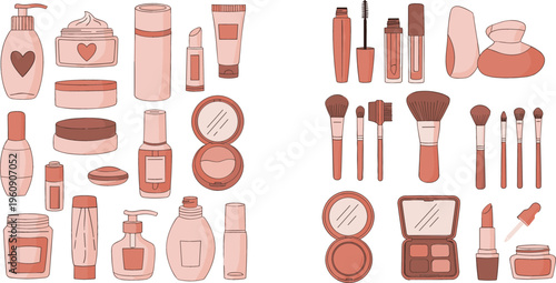 Collection of Cosmetic Bottles, Skincare, and Makeup Products for Beauty and Personal Care Illustrations