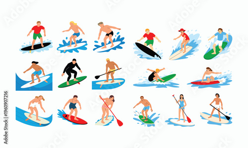 Diverse Group of Surfers Riding Waves surfing surfboard