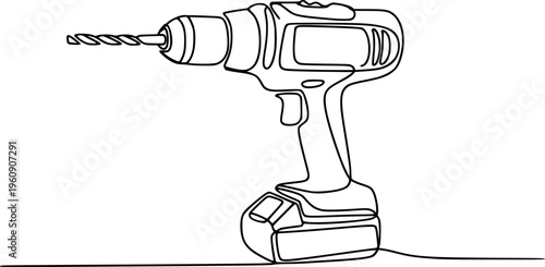 Single Line of a Cordless Power Drill with Battery and Drill Bit tool