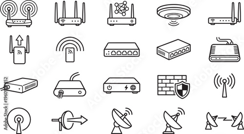 Collection of diverse internet connection and communication devices, set against a pristine backdrop. This monochrome array showcases technology.