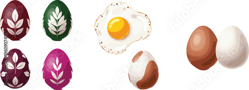 Decorative Easter Eggs with Floral Patterns and Fried Eggs for Food, Easter, and Holiday Illustrations