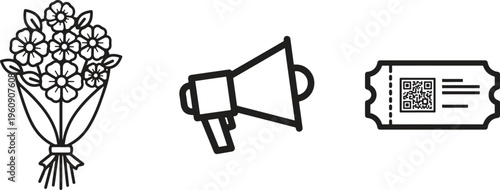 Floral bouquet, megaphone, ticket icons, black line art, minimalist design elements, 3 symbol collection