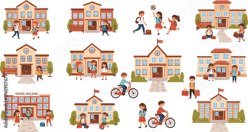 School scenes collection with students, teachers and campus buildings, educational activities and daily life situations vector illustration set for learning design