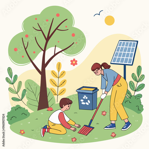 Woman and child picking up trash in a park