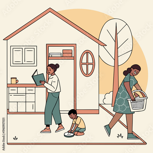 Family doing chores outside their house