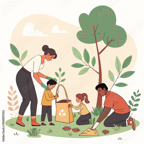 Family picking up trash in a park