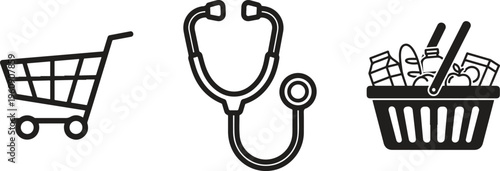 Medical shopping icons, healthcare symbols, stethoscope, cart, basket
