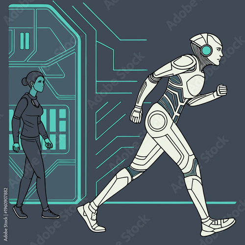 A white robot is running past a woman