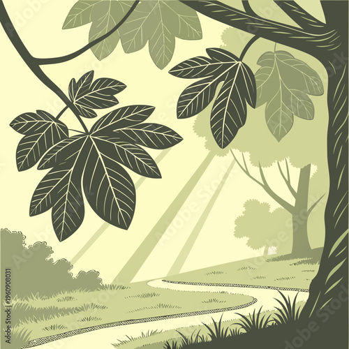 A tree with leaves and a stream running through the forest