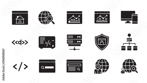 Web development and network infrastructure glyph icon set for coding, server management, SEO, and digital security design