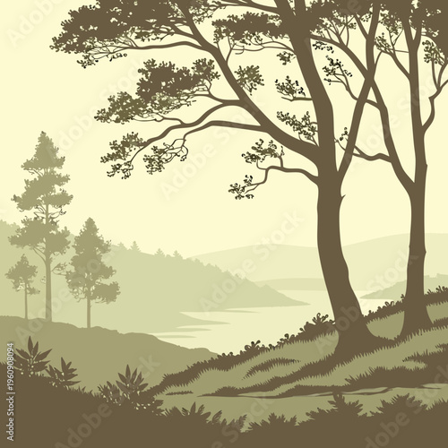 A serene landscape with trees on a hill overlooking a body of water