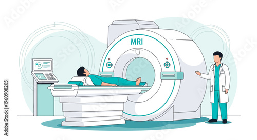 Doctor Explains MRI Scan to Patient Lying in Machine, Medical Technology Concept
