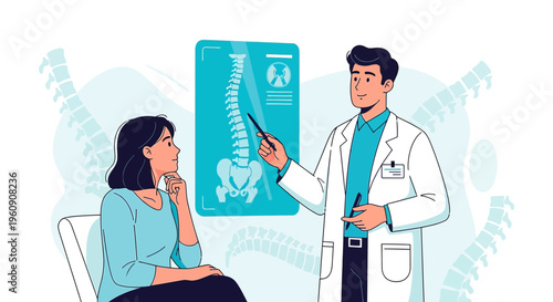 Doctor Explains Spine X-ray to Patient, Medical Consultation, Healthcare Concept