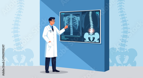 Doctor Explains Spine X-ray to Patient, Medical Diagnosis and Healthcare Concept