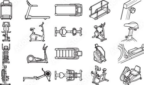 A comprehensive collection of exercise machines in a clean, crisp, and easily discernible illustration. A meticulously detailed collection showcasing a variety of exercise equipment in a simplified.