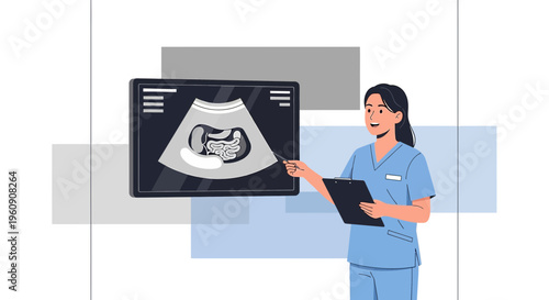 Doctor Explains Ultrasound Scan of Fetus in Womb, Medical Technology Concept