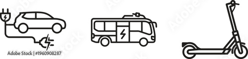 Electric vehicle charging, eco-friendly transportation icons, electric car, bus, scooter