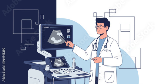 Doctor Explains Ultrasound Scan on Monitor: Medical Technology and Diagnostics