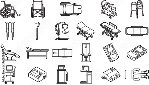 A compilation of medical equipment in a healthcare illustration, showcasing a range of tools and devices essential for patient care and treatment, and a diverse selection of medical equipment.
