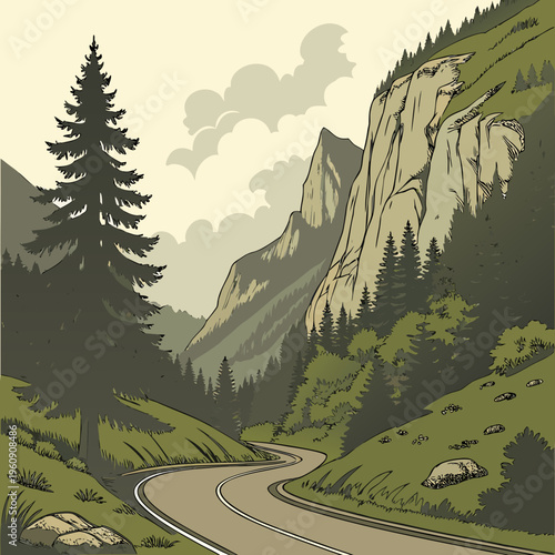 A winding road through a mountainous landscape