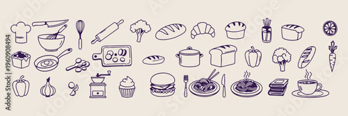 Bakery pastry items, bread croissant sketch, cooking pot elements, healthy breakfast doodles, kitchen utensil icons, homemade food illustrations, rustic cafe graphics

