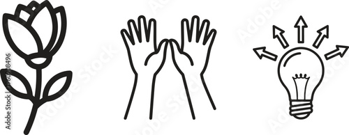 Creative icons set, business inspiration symbols, line art style, black and white graphics, 3 editable vector graphics