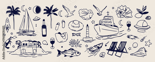 Tropical marine life line icons, Exotic sea animals and fish, Underwater coral and seahorse doodles, Summer beach palm tree symbols, Nautical ocean creature graphics, Aquatic nature hand-drawn element