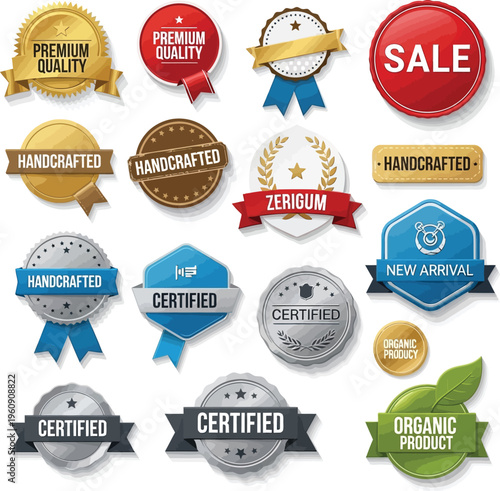 Collection of assorted assurance and product labels in various shapes and colors badge seal sticker handcrafted