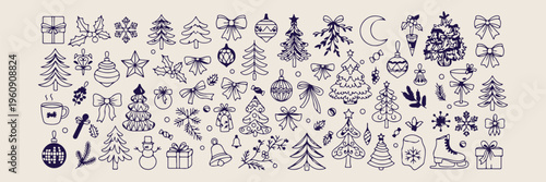 blue ink Christmas doodles pattern, hand drawn winter holiday elements, set of simple nature and decorative icons, pine trees and stars, reindeer and snowflakes, seamless vector design, cozy festive s