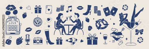 vintage cafe conversation doodles, hand drawn couple dining set, set of simple blue line art restaurant icons, dating and partnership sketches, dinner time graphics, vector friendship illustrations, r