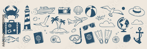 summer travel and vacation doodles, hand drawn beach and airplane icons, set of simple blue line art symbols, island and palm tree sketches, wanderlust graphics, vector adventure elements, world map a