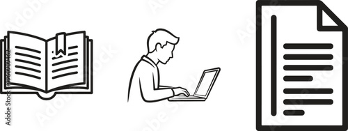 Line icons, education, learning, reading, writing, document, laptop, book