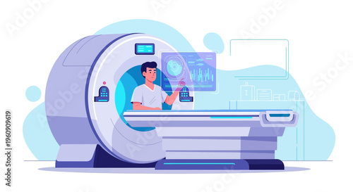 Doctor operating advanced MRI scanner with futuristic interface for patient diagnosis