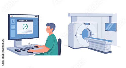 Doctor operating CT scanner console, modern medical imaging technology, healthcare concept