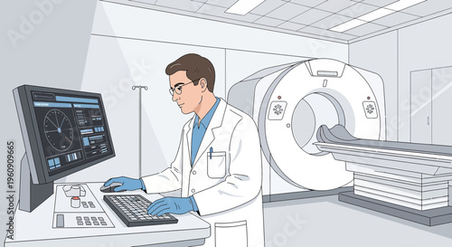 Doctor operating CT scanner in medical room, patient on table, advanced diagnostic technology