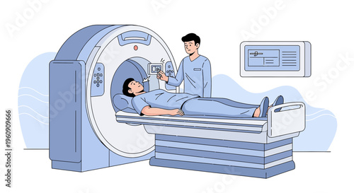 Doctor Operating CT Scanner for Patient in Medical Room