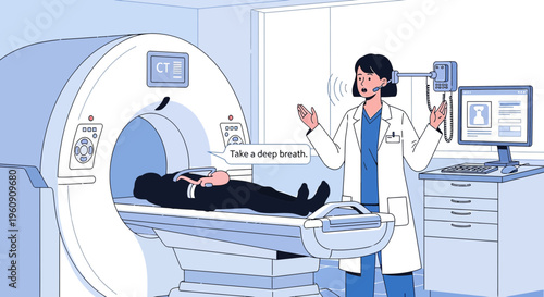 Doctor Guiding Patient Through CT Scan Procedure in Medical Imaging Room
