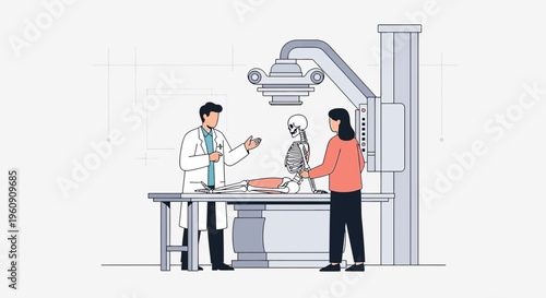 Doctor Explains X-ray to Patient Near Skeleton Model and Medical Equipment