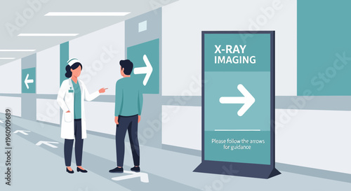 Doctor guiding patient to X-ray imaging department in hospital corridor