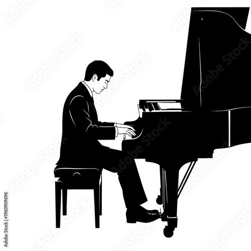Man playing a grand piano.