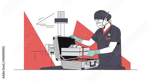 Doctor in protective gear packing medical equipment in a case, preparing for a procedure