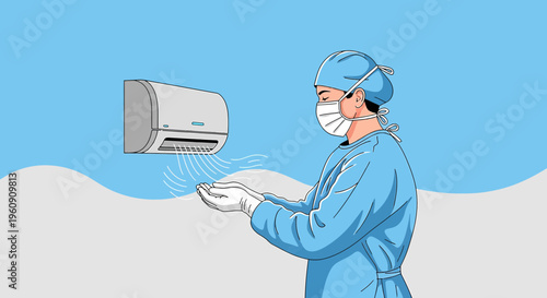 Doctor in surgical scrubs drying hands under air conditioner vent
